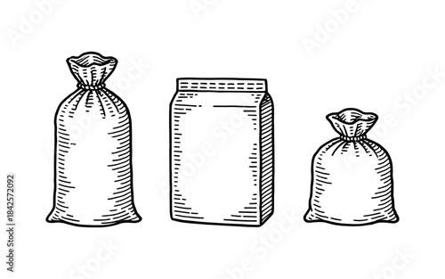 Hand drawn bag and box collection: vintage packaging set for flour and goods