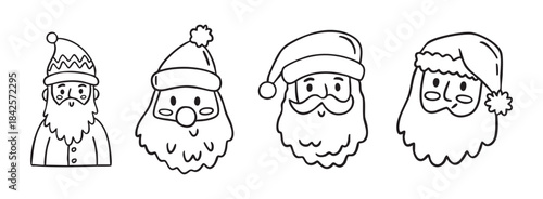 Santa Claus heads line art clipart set with cute faces, monochrome holiday collection, hand drawn.