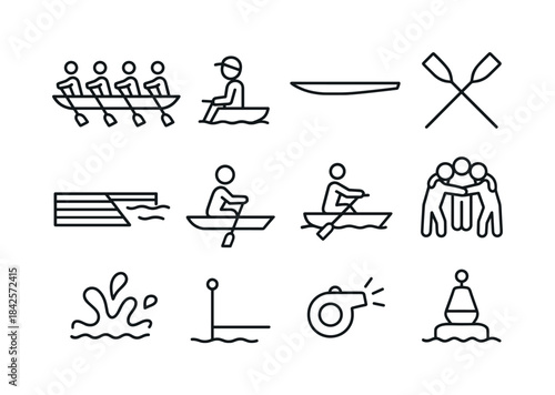 Rowing Icon Set. Group rowing practice. Line icon set of group r