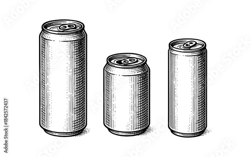 Detailed black and white line art of beverage cans in various sizes