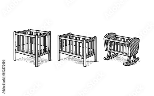 Vintage baby crib collection featuring detailed engravings of classic and elegant designs