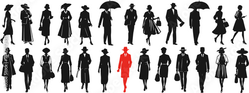 Vintage fashion silhouettes, mid-century style, men and women poses, retro clothing, black and red contrast, historical attire, classic elegance, timeless design