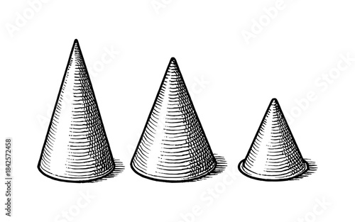Detailed engraved style cone set: three black and white geometric shapes