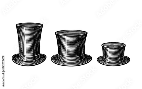 Vintage top hats in engraved style with varied heights