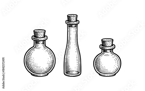 Vintage hand-drawn glass bottles with cork stoppers on white background