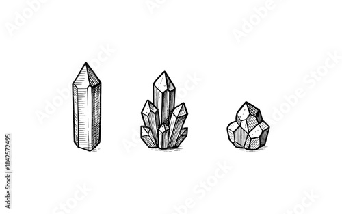 Hand drawn crystal collection featuring geometric shapes and textured details