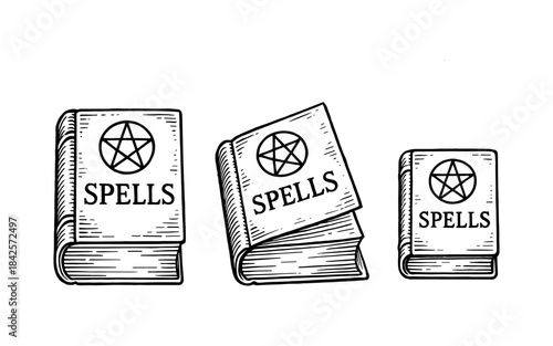 Vintage black and white hand drawn books with magic symbols