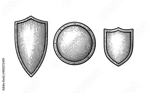 Engraved vintage shields collection on white background