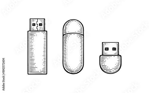 Detailed sketch of usb flash drives in various forms