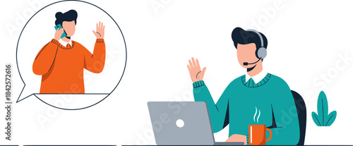 Virtual communication illustration, remote support, customer service, video call, headset interaction, laptop desk setup, greeting gesture, stylized vector design