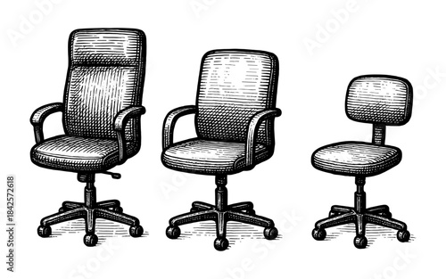Vintage woodcut style office chairs collection in detailed black and white design