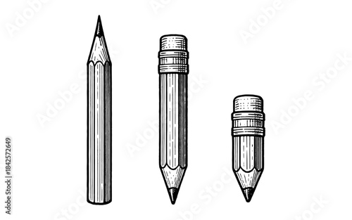 Set of hand drawn pencils with erasers in different lengths on white background