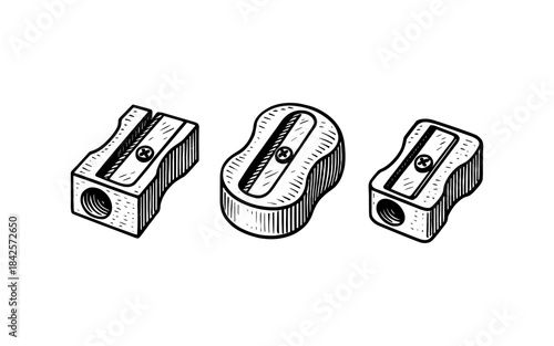 Hand drawn pencil sharpeners set in vintage black and white style
