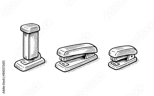 Hand drawn sketch of office staplers in various styles