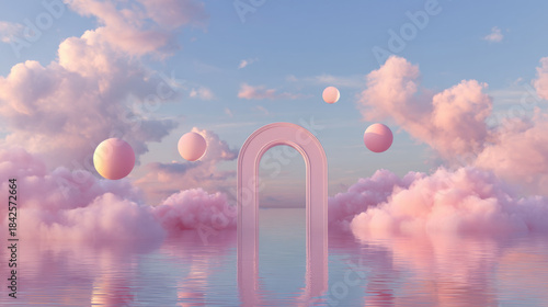 Surreal pastel pink archway floating in clouds over calm water with spheres. A dreamlike scene unfolds with a soft pink archway suspended amidst fluffy pink clouds and floating spheres.