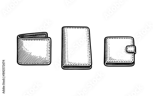 Hand drawn wallets collection: classic, long, and snap closure styles
