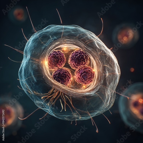 Highly detailed 3D illustration of a cell infected by an unknown pathogen, showing abnormal cellular structures, glowing mutations, and invasive particles inside the membrane, showing emerging disease