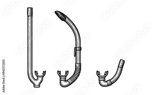 Vintage diving snorkels: detailed hand-drawn black and white collection