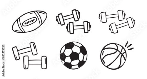 Sports equipment set with football basketball american football ball and dumbbells, hand drawn doodle line art monochrome hand drawn
