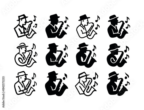 Jazz Saxophone Logos. A jazz musician playing a saxophone in a d