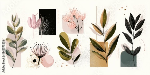 Abstract botanical illustrations with watercolor textures and geometric shapes