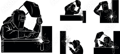 Welding worker illustration, metal fabrication process, sparks flying, safety gear, industrial job, black and white sketch, technical training, construction concept