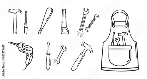 Set of construction tools drill hammer wrench screwdriver saw and apron, hand drawn doodle line art monochrome hand drawn
