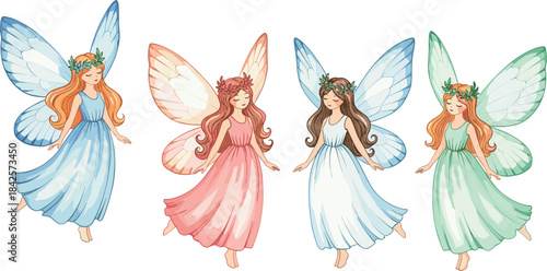 Whimsical Fairy Group – Four Floating Fairies with Colorful Wings and Floral Crowns