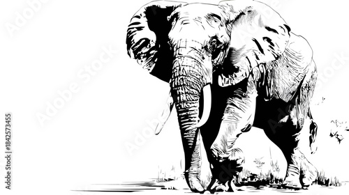 Detailed black and white illustration of a majestic African elephant with tusks, stylized graphic art drawing for wildlife and nature themes.