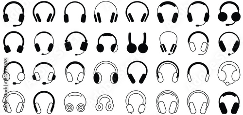 Headphone Icons Vector Set Featuring Diverse Headphone Styles for Audio and Music Listening, Ideal for Web Design, Mobile Apps, Software Interfaces, and Contemporary Digital Aesthetic Projects