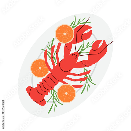 Red lobster served on a plate, accompanied by orange slices and sprigs of fresh herbs. Vector illustration 