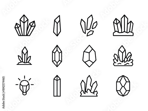 Crystal Icon Set. Crystal Caves. Line icon set of Crystal Caves: