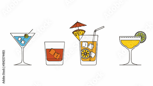 Unique Cocktail Line Art Designs with Ice, Fruit Garnishes, and Straws