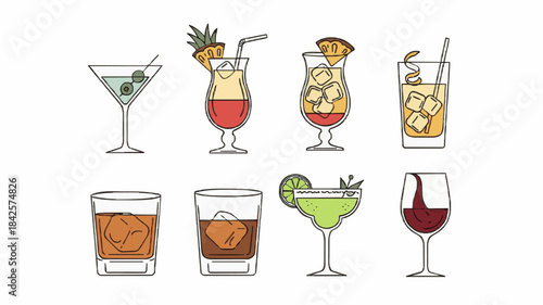 Modern Line Art Cocktails with Ice Cubes, Fruit Garnishes, and Straws for Design Projects