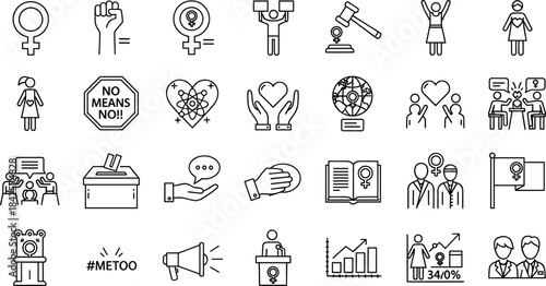 Women empowerment icons, gender equality symbols, feminist activism, social justice graphics, black and white design, rights awareness, female leadership, protest visuals, education, voting