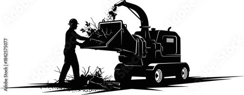 "Wood Chipper Operation Silhouette – Worker Feeding Branches with Safety Gear and Debris Detail"