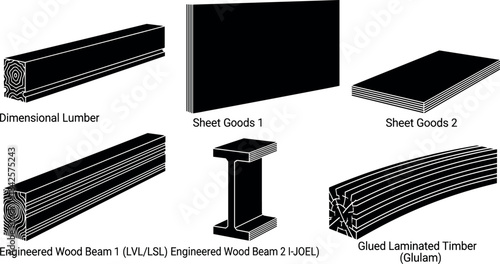 Wood product types illustration, construction and carpentry material set, engineered lumber and sheet goods comparison, vector building supply graphic, black and white design
