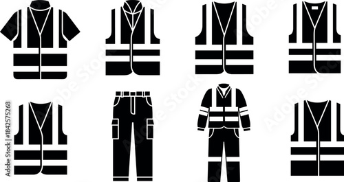 Workwear garment icon set, cartoon safety vest, cargo pants, and full-body uniform illustration, vector industrial protection concept, black and white graphic