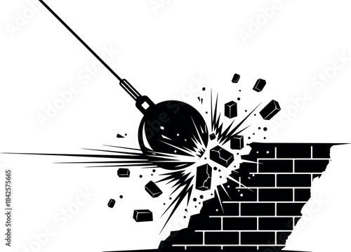 Wrecking ball smashing brick wall, demolition impact illustration, construction destruction concept, forceful collision, debris flying, structural breakdown, black and white vector design