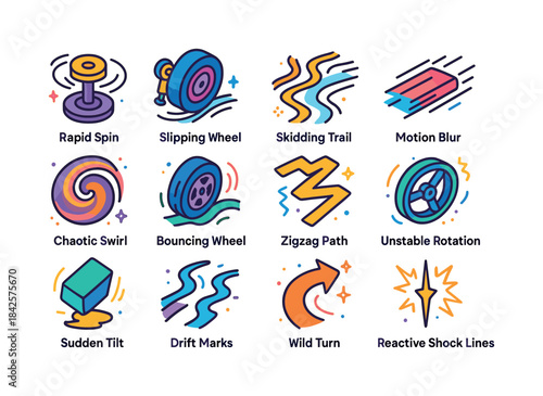 Dynamic Motion Icons. Out of control motion. Colorful isometric
