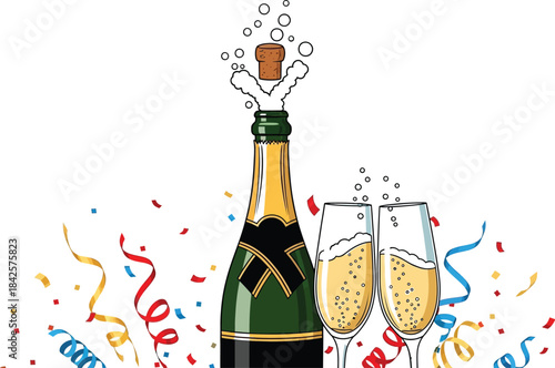 Champagne bottle popping cork with two full glasses and colorful confetti streamers celebrating a festive occasion