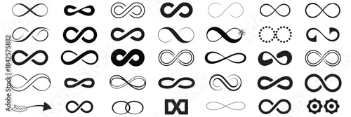 Infinity Symbols Collection with Black Infinity Vector Illustrations on White Background, Ideal for Logo Design, Branding, Mathematical Representation, and Creative Styles from Classic to Artistic Con
