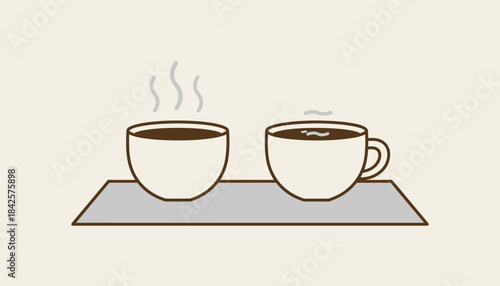 Two cups of coffee sitting on a table one steaming hot and the other slightly cooled indicating time apart.