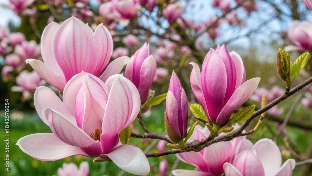 Fototapeta premium pink magnolia tree in garden during springtime Natural floral background