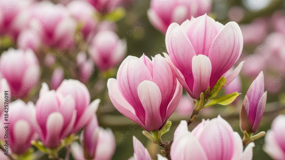 Obraz premium pink magnolia tree in garden during springtime Natural floral background