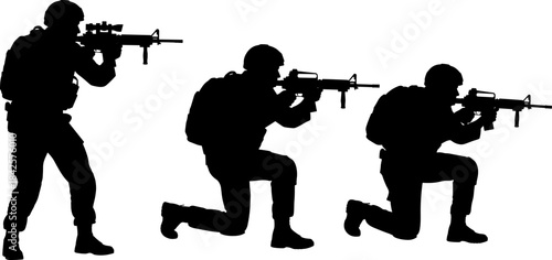 Armed soldier silhouette set, tactical combat stances, military rifle poses, black vector illustration, warfare readiness, helmet gear, defense concept