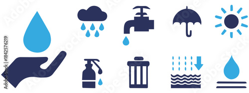 Water Conservation Icons – Eco Friendly Hygiene, Rain & Sustainability Symbols