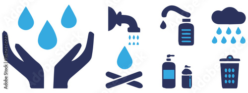 Water Conservation Icons – Eco Friendly Hygiene, Rain & Sustainability Symbols