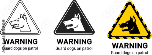 Guard dog warning signs, aggressive dog alert, security signage triangle, patrol dog caution, danger symbol, safety notice, protection alert, premises warning