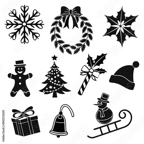 A festive grid of black silhouette Christmas icons, featuring snowflakes, wreaths, gingerbread man, tree, candy cane, winter hat, gift box, jingle bell, and a sledding snowman.